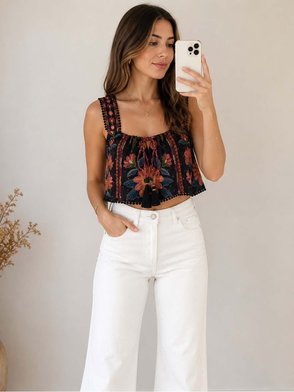 Farm Rio Floral Cropped Tank Top Boho Tie Front Tassel Sleeveless Brazil size M